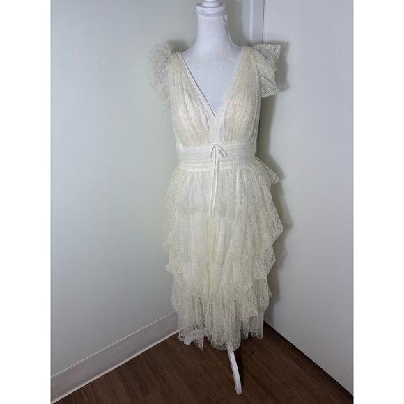 NWT Marchesa Ivory Iredescent Sparkly Ruffle Gown Sz 10 - Picture 1 of 5